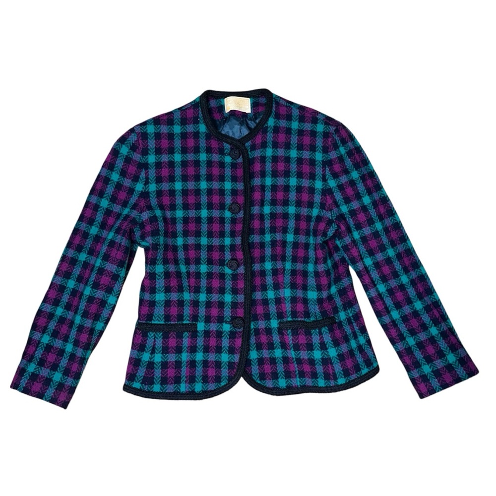 VTG Pendleton Wool Tweed Blazer Womens Sz 12 Herringbone Plaid Tartan Collarless